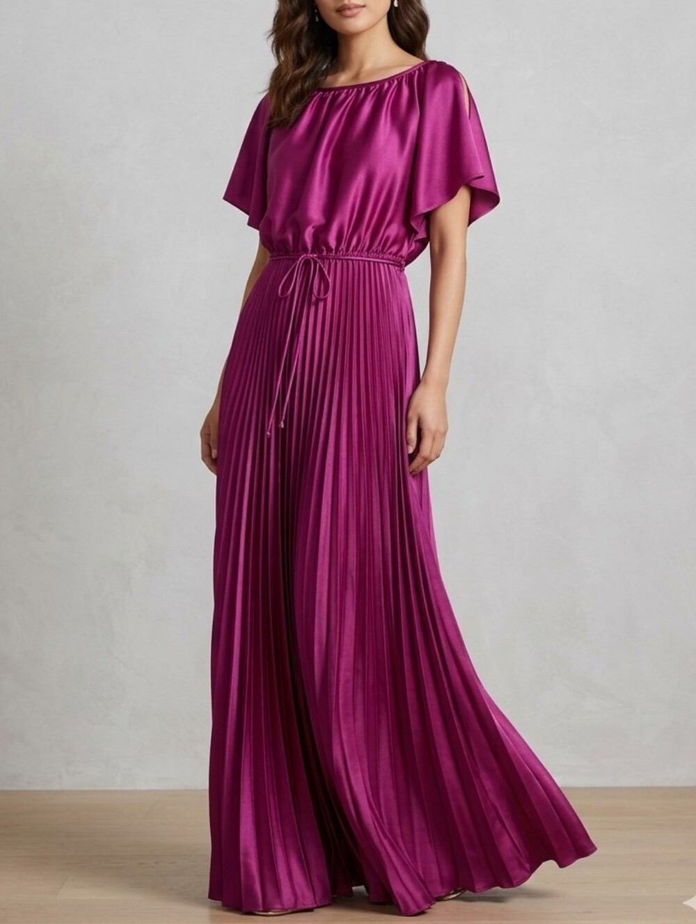 Vintage 70s Magenta Satin Union Made Blouson Pleated Maxi Dress sz 7/8 Women's